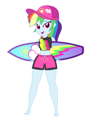 Size: 6800x9200 | Tagged: safe, alternate version, artist:gabosor, derpibooru exclusive, rainbow dash, blue crushed, equestria girls, equestria girls series, forgotten friendship, absurd resolution, adorasexy, amused, barefoot, baseball cap, bedroom eyes, belly button, bikini, bikini bottom, bikini top, board shorts, cap, clothes, curvy, cute, dashabetes, faic, feet, female, full body, grabbing, grin, happy, hat, hips, legs, long hair, looking at you, midriff, missing accessory, multicolored hair, open mouth, paint.net, pose, rainbow hair, raised eyebrow, sexy, show accurate, simple background, sleeveless, small feet, smiling, smug, smugdash, solo, sports, stomach, surfboard, swimming trunks, swimsuit, thighs, tiny feet, toes, transparent background, vector, wall of tags, wide hips