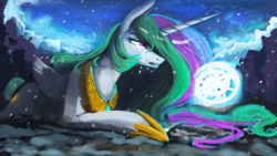 Size: 1920x1080 | Tagged: safe, artist:hierozaki, princess celestia, alicorn, pony, crying, sad, snow, snowfall, solo