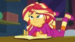 Size: 800x450 | Tagged: safe, derpibooru import, screencap, sunset shimmer, better together, equestria girls, forgotten friendship, animated, ass, barefoot, bed, book, bunset shimmer, clothes, cute, eyes closed, feet, female, gif, lidded eyes, looking up, pajamas, prone, removing shoes, shimmerbetes, shoes, slippers, smiling, solo, the pose, writing