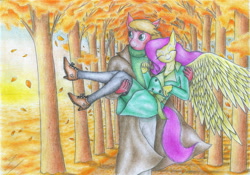 Size: 3501x2448 | Tagged: safe, artist:sinaherib, big macintosh, fluttershy, anthro, autumn, carrying, cute, female, fluttermac, male, shipping, shyabetes, straight, traditional art