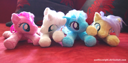 Size: 1000x496 | Tagged: safe, artist:wolflessnight, lemon drop, linky, pinkie pie, shoeshine, twinkleshine, earth pony, pony, unicorn, g1, background pony, beanie (plushie), female, g1 to g4, generation leap, irl, mare, photo, plushie