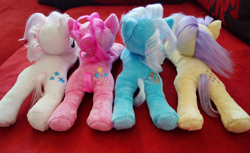 Size: 1000x613 | Tagged: safe, artist:wolflessnight, lemon drop, linky, pinkie pie, shoeshine, twinkleshine, earth pony, pony, unicorn, g1, background pony, beanie (plushie), female, g1 to g4, generation leap, irl, mare, photo, plushie