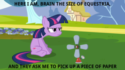 Size: 1054x591 | Tagged: safe, derpibooru import, edit, edited screencap, screencap, twilight sparkle, unicorn twilight, pony, unicorn, hurricane fluttershy, anemometer, female, grumpy twilight, hitchhiker's guide to the galaxy, image macro, mare, marvin the paranoid android, meme, sitting, solo