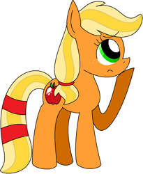 Size: 874x1064 | Tagged: safe, applejack, earth pony, pony, alternate cutie mark, alternate hairstyle, confused, indifferent, ms paint, older, raised hoof, simple background, solo