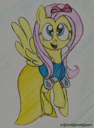 Size: 400x546 | Tagged: safe, artist:sketch-shepherd, fluttershy, bow, clothes, cosplay, costume, disney, disney princess, dress, ribbon, snow white, solo, traditional art