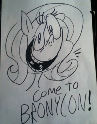 Size: 720x923 | Tagged: safe, artist:jazzytheman, fluttershy, pegasus, pony, bronycon, smiling, traditional art, yelling