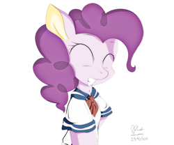 Size: 3200x2666 | Tagged: safe, artist:ando, pinkie pie, earth pony, pony, anime, clothes, school uniform, simple background, smiling, white background