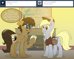 Size: 1280x1024 | Tagged: safe, artist:fluffyxai, derpy hooves, oc, oc:spirit wind, earth pony, pegasus, pony, chest fluff, clothes, dexterous hooves, duo, female, hat, mail, mailmare, mailmare hat, mare, tumblr, tumblr:ask spirit wind, uniform