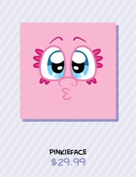 Size: 1236x1600 | Tagged: safe, artist:alittleofsomething, pinkie pie, earth pony, pony, blue eyes, ebay, kissy face, pillow, pink coat, simple background, solo, text