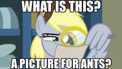 Size: 1024x576 | Tagged: safe, edit, edited screencap, editor:anonycat, screencap, derpy hooves, best gift ever, caption, image macro, magnifying glass, meme, picture for breezies (reaction image), reaction image, solo, text, wing hands