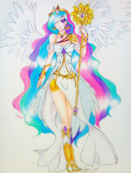 Size: 720x945 | Tagged: safe, artist:princess-deidara, princess celestia, human, horned humanization, humanized, scepter, solo, traditional art, winged humanization