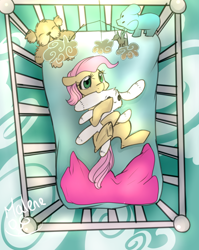 Size: 1024x1288 | Tagged: safe, artist:rflzqt, fluttershy, pegasus, pony, babyshy, blanket, crib, crib mobile, filly, plushie, solo