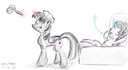 Size: 2000x1100 | Tagged: safe, artist:rockhoppr3, starlight glimmer, twilight sparkle, twilight sparkle (alicorn), alicorn, pony, armpits, clothes, hypnosis, magic, maid, monochrome, this will end in communism, traditional art