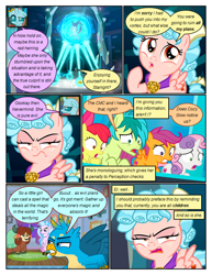Size: 612x792 | Tagged: safe, artist:newbiespud, edit, edited screencap, screencap, apple bloom, cozy glow, gallus, ocellus, sandbar, scootaloo, silverstream, starlight glimmer, sweetie belle, yona, changedling, changeling, classical hippogriff, earth pony, griffon, hippogriff, pegasus, pony, unicorn, yak, comic:friendship is dragons, school raze, bow, comic, concerned, cozy glow is not amused, cutie mark, cutie mark crusaders, dialogue, female, filly, freckles, gallus is not amused, hair bow, looking down, mare, open mouth, raised hoof, screencap comic, the cmc's cutie marks, unamused, wide eyes