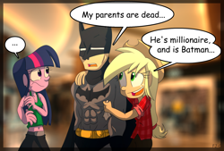 Size: 1708x1152 | Tagged: safe, artist:fj-c, applejack, twilight sparkle, equestria girls, batman, belly button, cleavage, clothes, dc comics, engrish, female, lego, midriff, my parents are dead, tanktop, the lego movie