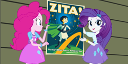 Size: 1280x643 | Tagged: safe, pinkie pie, rarity, equestria girls, rainbow rocks, exploitable meme, meme, paper, poster, rainboom's advertisement, zita, zita the spacegirl