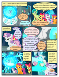 Size: 612x792 | Tagged: safe, artist:newbiespud, edit, edited screencap, screencap, apple bloom, sandbar, scootaloo, starlight glimmer, sweetie belle, earth pony, pegasus, pony, unicorn, comic:friendship is dragons, school raze, bow, comic, crown, cutie mark, cutie mark crusaders, dialogue, female, filly, frown, glowing horn, hair bow, horn, implied rarity, jewelry, looking back, magic, magic circle, male, mare, raised hoof, regalia, screencap comic, surprised, the cmc's cutie marks, walking