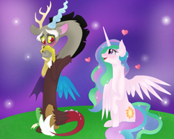 Size: 1000x800 | Tagged: safe, artist:pigzfairy, discord, princess celestia, alicorn, pony, blushing, cute, discute, dislestia, female, male, raised hoof, shipping, shy, sitting, spread wings, straight