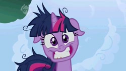 Size: 960x540 | Tagged: safe, derpibooru import, edit, edited screencap, screencap, twilight sparkle, lesson zero, faic, floppy ears, fourth wall, hub logo, looking down at you, offscreen character, pov, qnɥ, solo, twilight snapple, upside down