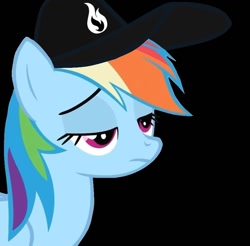 Size: 888x874 | Tagged: safe, artist:fillylover, derpibooru import, editor:tk-clopper, rainbow dash, pegasus, pony, cap, hat, like moths to flames, solo