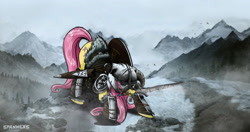 Size: 2167x1148 | Tagged: safe, artist:php60, fluttershy, pegasus, pony, armor, badass, crossover, dovahshy, flutterbadass, skyrim, sword, the elder scrolls