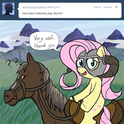 Size: 650x650 | Tagged: safe, artist:flavinbagel, fluttershy, horse, pegasus, pony, ask, ask gamer ponies, crossover, dovahshy, horse-pony interaction, mathematician's answer, ponies riding horses, skyrim, the elder scrolls, tumblr