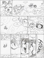 Size: 915x1195 | Tagged: safe, artist:joelashimself, fluttershy, oc, pegasus, pony, comic, flashback, monochrome, the forgotten element, younger