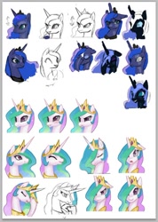 Size: 426x599 | Tagged: safe, artist:pohwaran, nightmare moon, princess celestia, princess luna, alicorn, pony, angry, facehoof, happy, icon, sad