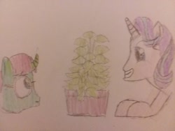 Size: 1032x774 | Tagged: safe, artist:derek the metagamer, phyllis, starlight glimmer, oc, oc:dirk wise, pony, a horse shoe-in, potted plant, traditional art