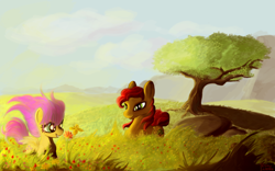 Size: 1280x800 | Tagged: safe, artist:pedrohander, fluttershy, oc, butterfly, earth pony, pegasus, pony, bedroom eyes, colored, digital art, female, field, filly, flower, grin, scenery, smiling, tree, younger