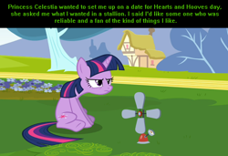 Size: 1054x720 | Tagged: safe, derpibooru import, twilight sparkle, bad date, fan, grumpy twilight, solo, text, trollestia