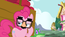 Size: 1366x768 | Tagged: safe, screencap, gummy, pinkie pie, earth pony, pony, party of one, groucho mask