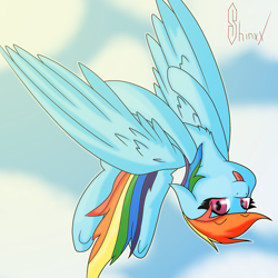 Size: 3000x3000 | Tagged: safe, artist:shinxx24, derpibooru import, rainbow dash, pegasus, pony, backflip, flying, solo, tongue out, underhoof