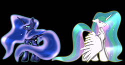 Size: 3000x1574 | Tagged: safe, artist:michyfactory, princess celestia, princess luna, alicorn, pony, floppy ears, frown, gritted teeth, looking back, spread wings