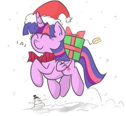 Size: 1100x1010 | Tagged: safe, artist:twily-and-friends, derpibooru import, twilight sparkle, twilight sparkle (alicorn), alicorn, pony, bouncing, bow, christmas, clothes, cute, eyes closed, female, hat, mare, present, santa hat, scarf, singing, smiling, snow, snowfall, snowman, solo, trotting