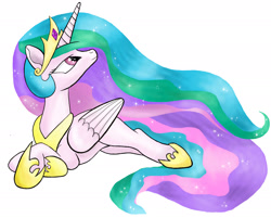 Size: 1789x1435 | Tagged: safe, artist:balserification, princess celestia, alicorn, pony, looking up, prone, simple background, solo