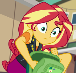 Size: 985x951 | Tagged: safe, screencap, sunset shimmer, better together, equestria girls, forgotten friendship, backpack, cropped, out of context, solo, surprised