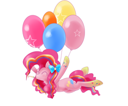 Size: 1200x1000 | Tagged: safe, artist:qiluo soul, pinkie pie, earth pony, pony, balloon, bow, eyes closed, pixiv, rainbow power, solo, then watch her balloons lift her up to the sky