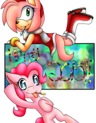 Size: 789x1013 | Tagged: safe, pinkie pie, earth pony, pony, 2015, amy rose, celebration, crossover, sonic the hedgehog (series)