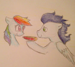 Size: 2576x2328 | Tagged: safe, artist:crystalpony32, derpibooru import, rainbow dash, soarin', pegasus, pony, female, male, pie, shipping, soarindash, straight, traditional art