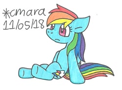 Size: 805x596 | Tagged: safe, artist:cmara, derpibooru import, rainbow dash, pegasus, pony, simple background, sitting, solo, traditional art, white background