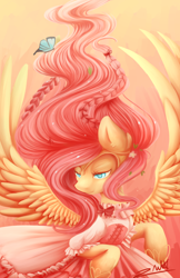 Size: 4400x6800 | Tagged: safe, artist:zodiacnicola, fluttershy, butterfly, pegasus, pony, absurd resolution, braid, clothes, dress, solo, spread wings