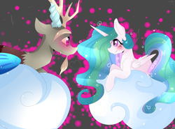 Size: 2700x2000 | Tagged: safe, artist:darkreimbow97, discord, princess celestia, alicorn, pony, blushing, cloud, dislestia, female, male, prone, shipping, smiling, straight