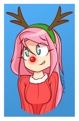 Size: 2812x4286 | Tagged: safe, artist:dahhez, fluttershy, human, reindeer, christmas, clothes, eye clipping through hair, glow, humanized, red nose, reindeer antlers, rudolph the red nosed reindeer, smiling, solo, sweater, sweatershy