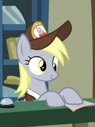 Size: 233x311 | Tagged: safe, screencap, derpy hooves, pegasus, pony, best gift ever, cap, cropped, female, hat, smiling, solo