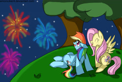 Size: 4320x2880 | Tagged: safe, artist:leslers, derpibooru import, fluttershy, rainbow dash, pegasus, pony, female, fireworks, flutterdash, lesbian, night, shipping