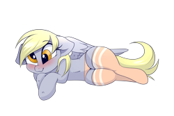 Size: 3000x2000 | Tagged: safe, artist:confetticakez, derpibooru exclusive, derpy hooves, pegasus, pony, adorasexy, belly button, blushing, clothes, cute, daaaaaaaaaaaw, derpabetes, ear fluff, female, floppy ears, hooves, leg fluff, mare, on side, panties, pink underwear, precious, sexy, simple background, socks, solo, spread wings, stockings, thigh highs, transparent background, underwear, weapons-grade cute, wide hips, wings