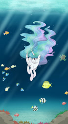 Size: 2500x4500 | Tagged: safe, artist:bratzoid, princess celestia, alicorn, fish, pony, bubble, solo, swimming, underwater