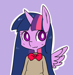 Size: 538x554 | Tagged: safe, artist:pegacornss, derpibooru import, twilight sparkle, twilight sparkle (alicorn), alicorn, anthro, bowtie, cute, female, purple background, simple background, solo, twiabetes