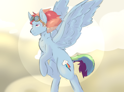 Size: 2700x2000 | Tagged: safe, artist:wildnightmare1881, derpibooru import, rainbow dash, pegasus, pony, alternate hairstyle, backwards cutie mark, goggles, rearing, solo, spread wings, wings